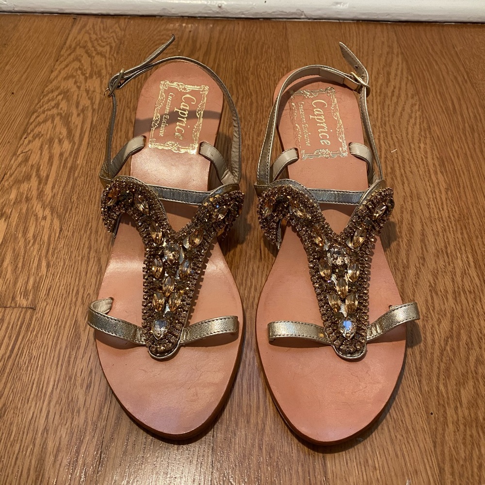 NEW Gold, Jeweled Leather Sandal